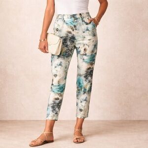 Karen Kane Abstract Print Ankle Pants Size 4 Blue Green Cotton Stretch NWT